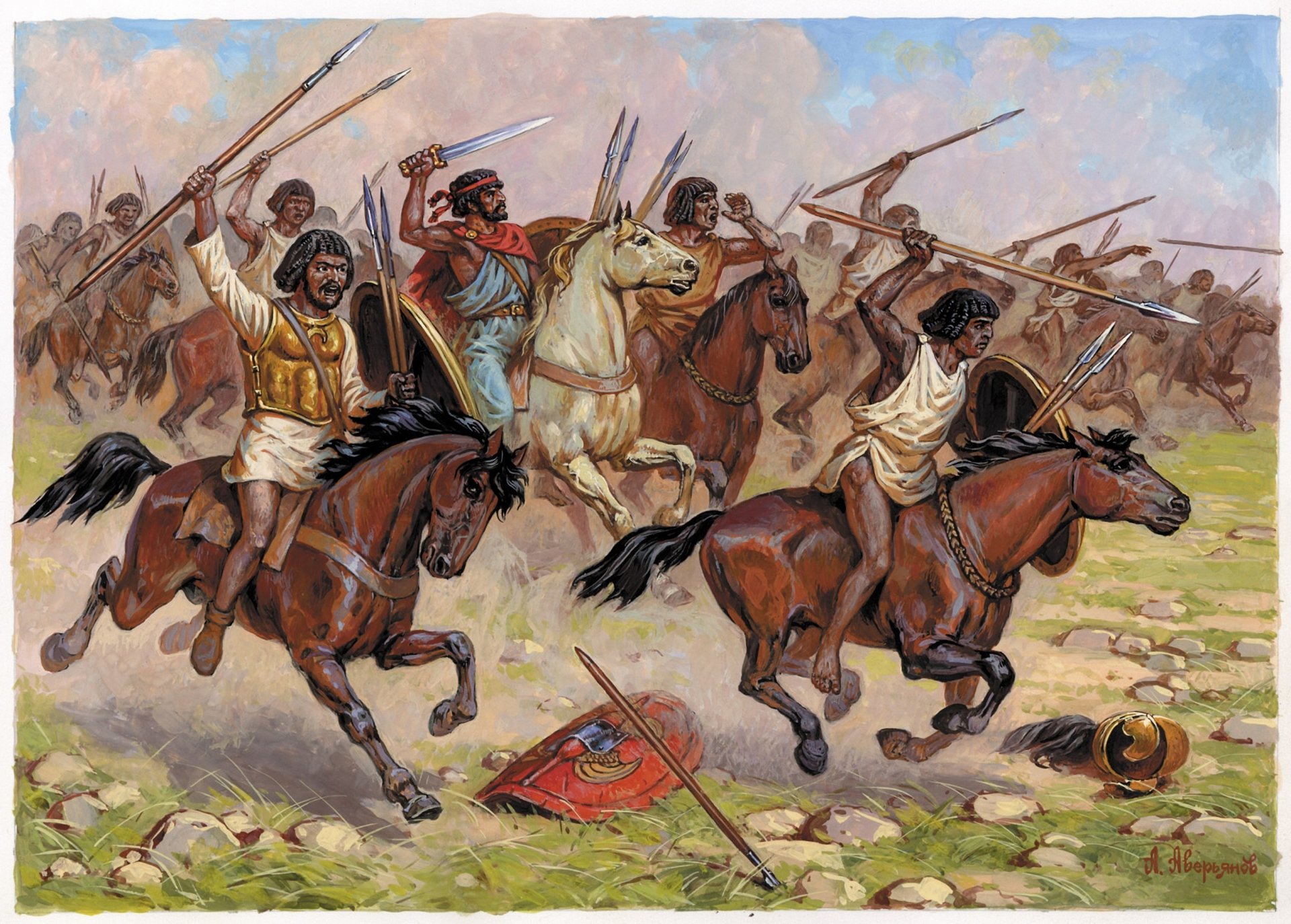 art dessin seconde guerre punique bataille à zama afrique 19 octobre 202 av. j.-c. numide cavalerie hannibal chevaux épées javelots grands boucliers