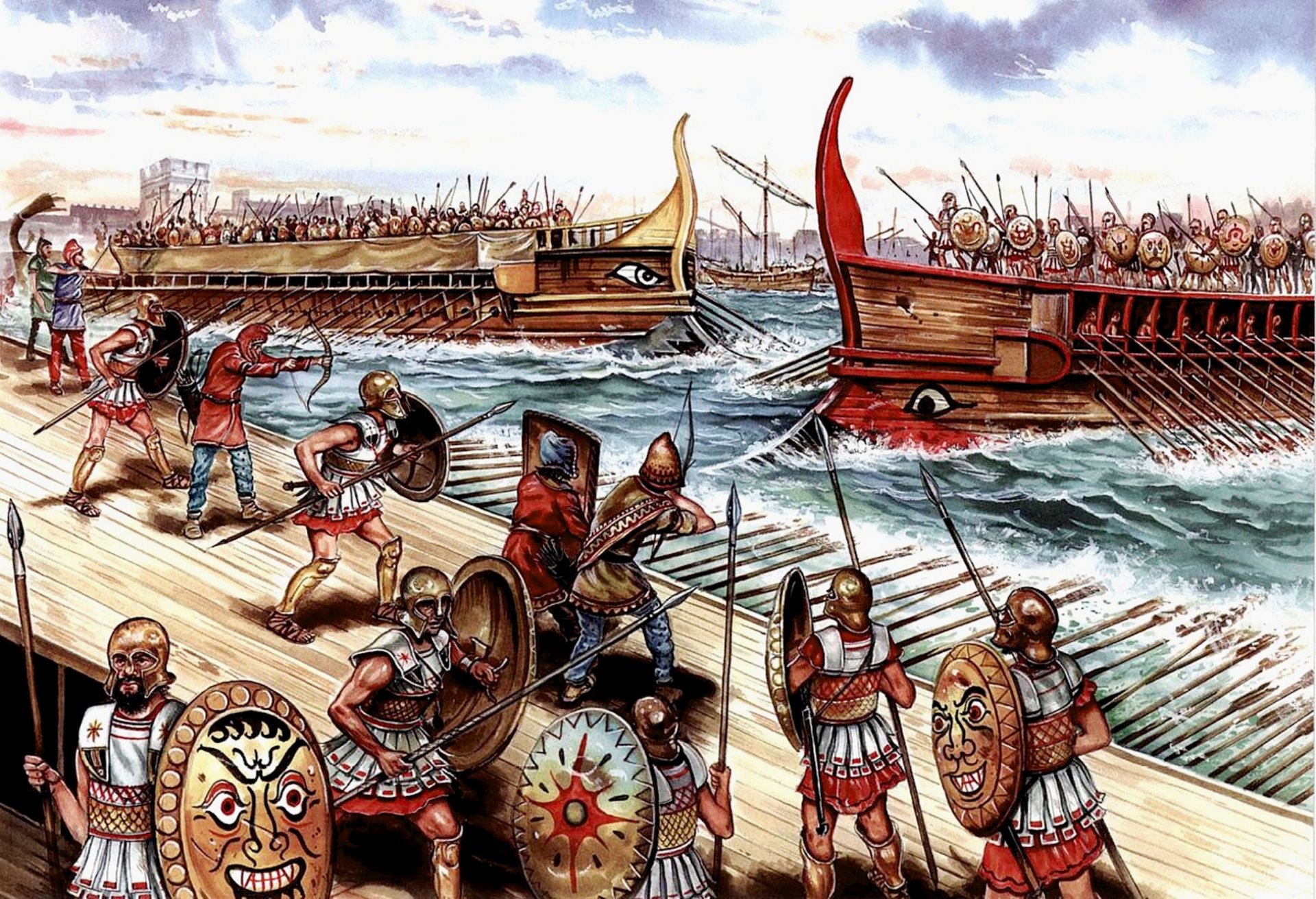 art guerre bataille dans port syracuse 413 av. j.-c. hoplites archers frondeurs lances arcs boucliers trières dessin