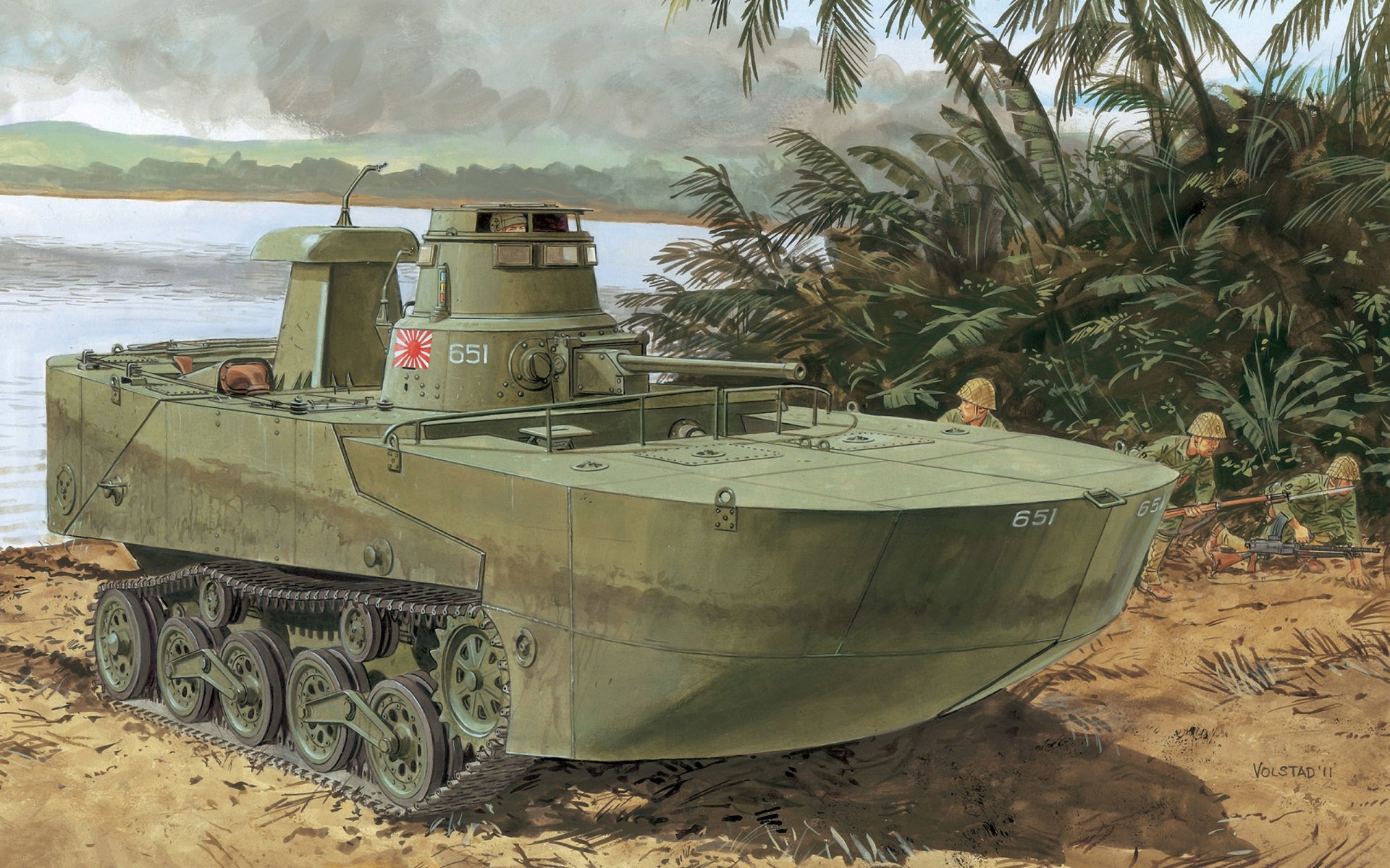 kunst japanisch schwimmend panzer amphibien typ 2 ka-mi erstellt auf basis leicht panzer ha-go name gebildet aus ka - schwimmend und mi - vom namen firma mitsubishi landung infanterie unter deckung ww2