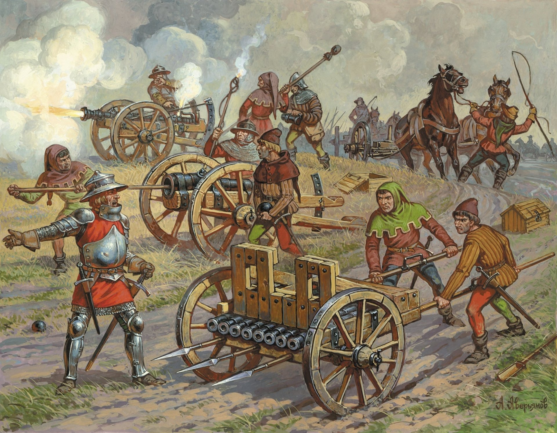 art guerre médiévale xive-xve siècles. champ poudre à canon artillerie serpentine wegler ribodekin artilleurs avant harnais de deux chevaux accessoires bannière choufla sacs avec poudre à canon et charge kartuzami dessin a. averyanov