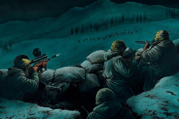 Rysunek nocą wojna żołnierze celują z broni