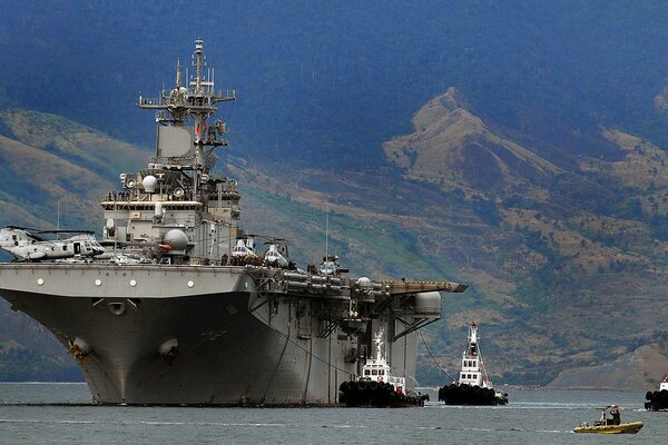 A warship on a beautiful background