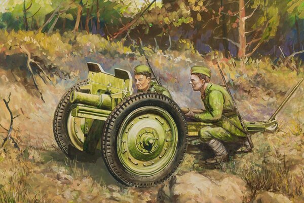 Soviet soldiers with a cannon in the forest