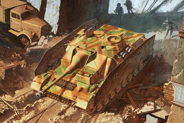 The tank rides on the battlefield. there is devastation all around