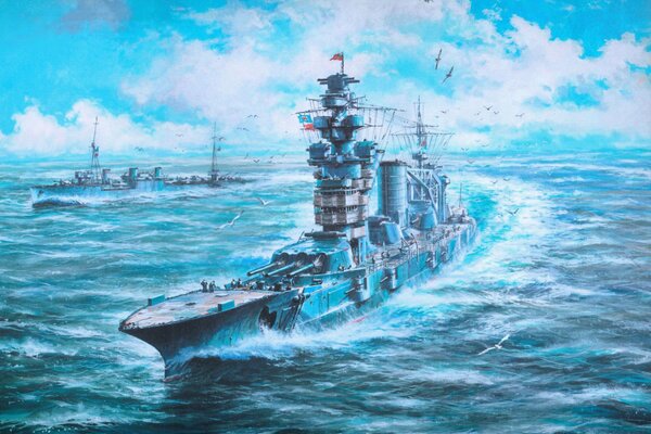 Battleship destroyer on the waves