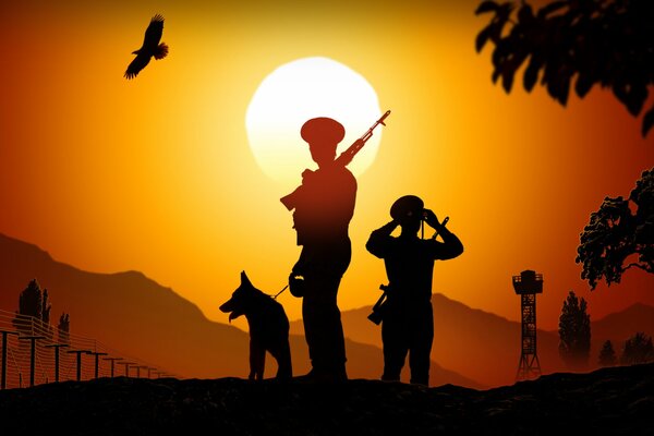 Graphic drawing of silhouettes of two border guards with a dog against the background of the setting sun