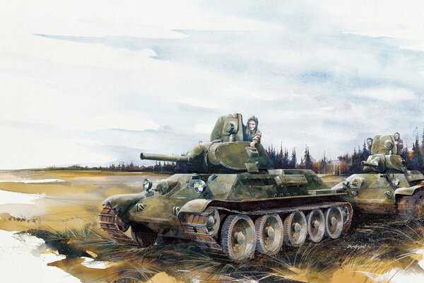 Watercolor drawing of a Soviet tank