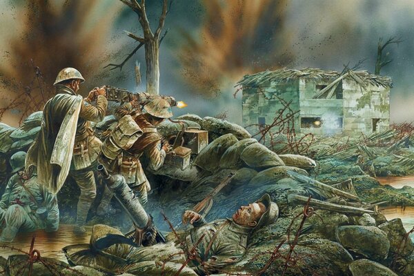 Рисунок сражения в окопе с немцами