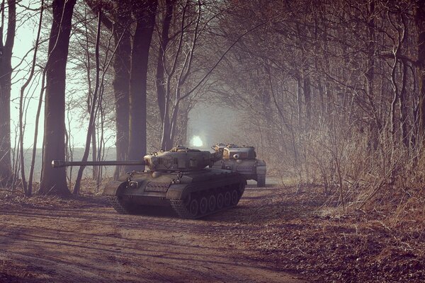 Tanks in the forest one after another autumn alley