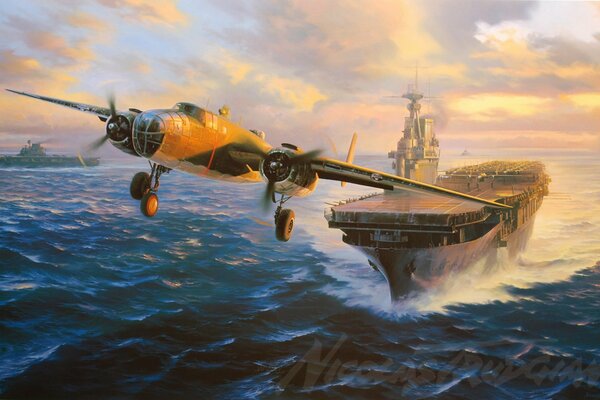 Aircraft carrier on the water airplane art picture