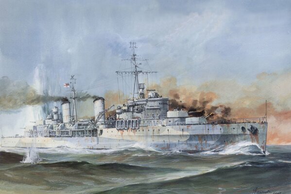 Британский крейсер в дыму Вторая мировая война