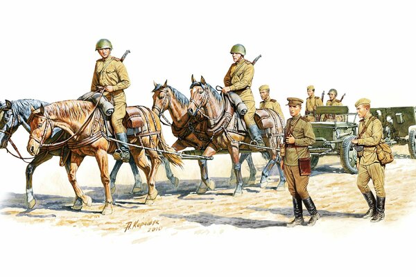 Obraz skaczących żołnierzy na koniach