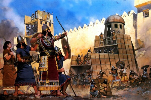 Arte con arqueros asirios en guerras antiguas
