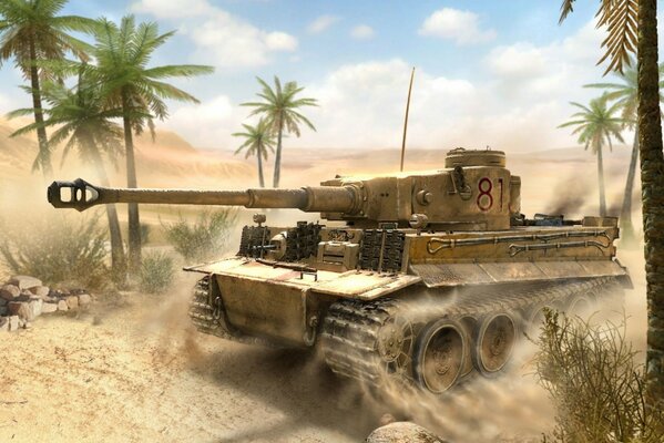 Heavy tank in the sand under the palm trees