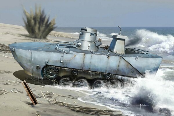 Amphibious tank on the seashore