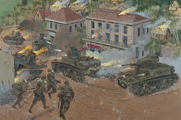 Рисунок войны с горящими танками