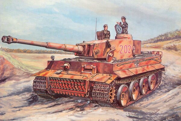 Немецкий танк с двумя людьми едет по дороге