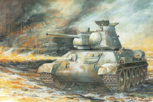 Drawing of a tank in the background battle