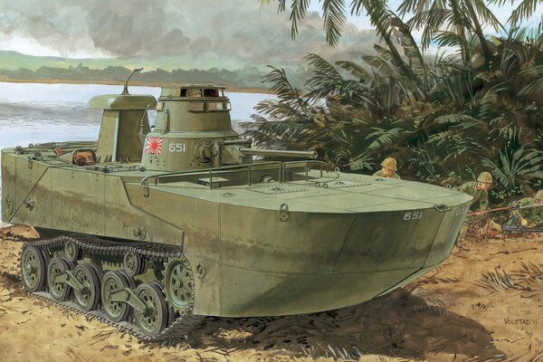 Japanese tank by the lake on the sandy shore