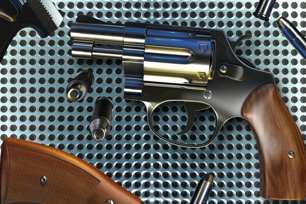 Revolver in metallo con cartucce sulla griglia