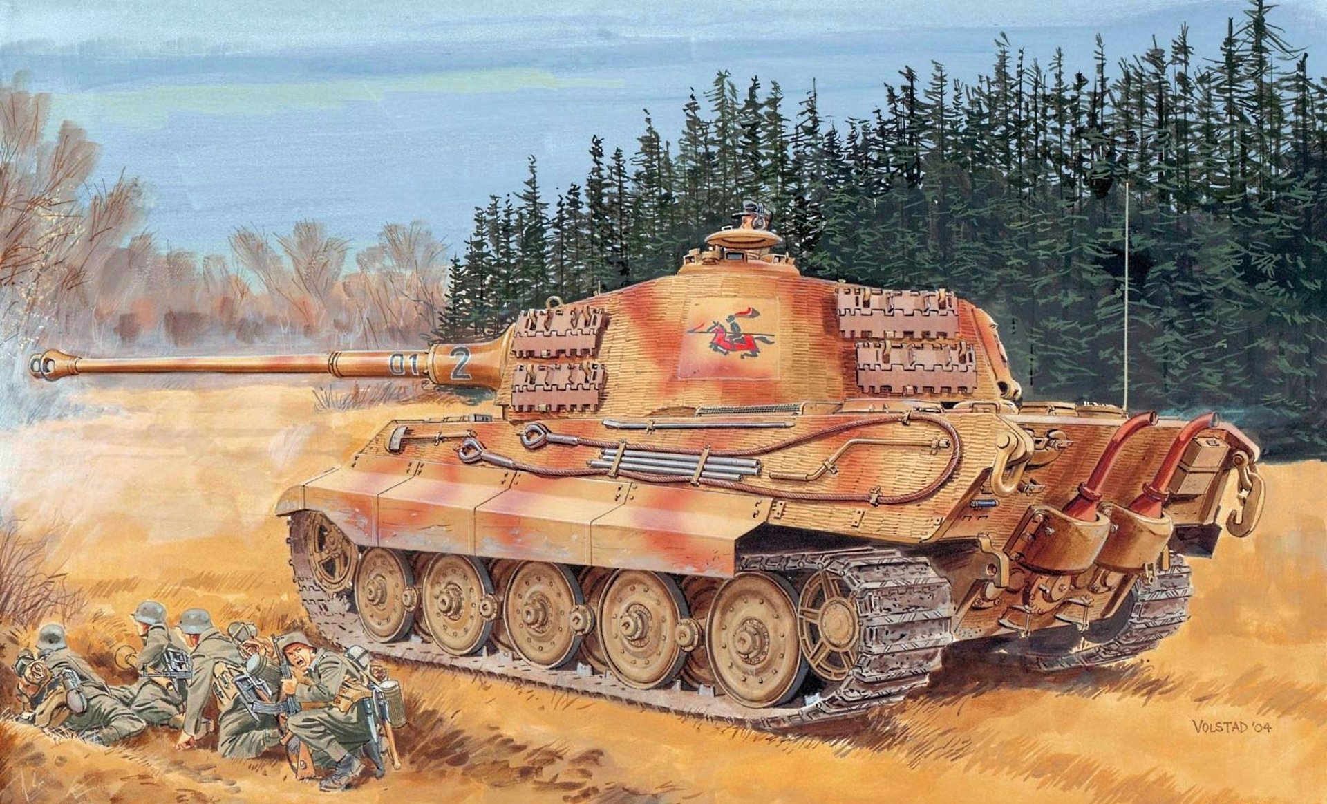 dessin ron volstad sd . kfz . 182 pzkpfw vi ausf . b tiger ii königstiger royal tiger tiger 2 tour henschel 505e bataillon de chars lourds s. pz.abt.505 wehrmacht allemands seconde guerre mondiale