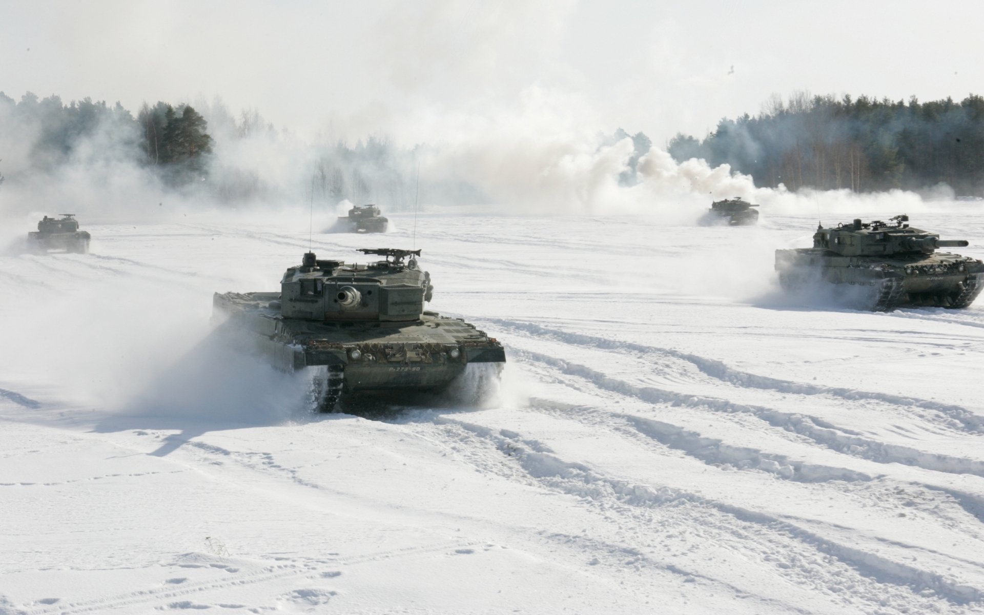 tanks battle snow smoke tree sky