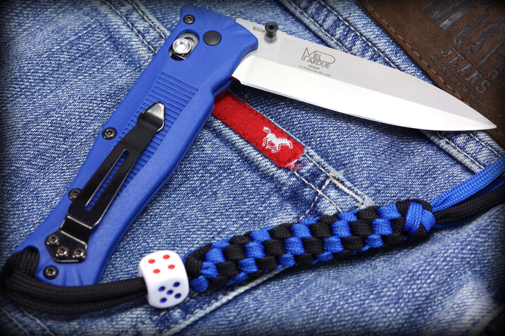 knife folding benchmade mel pardue s30v power cord lanyard dice