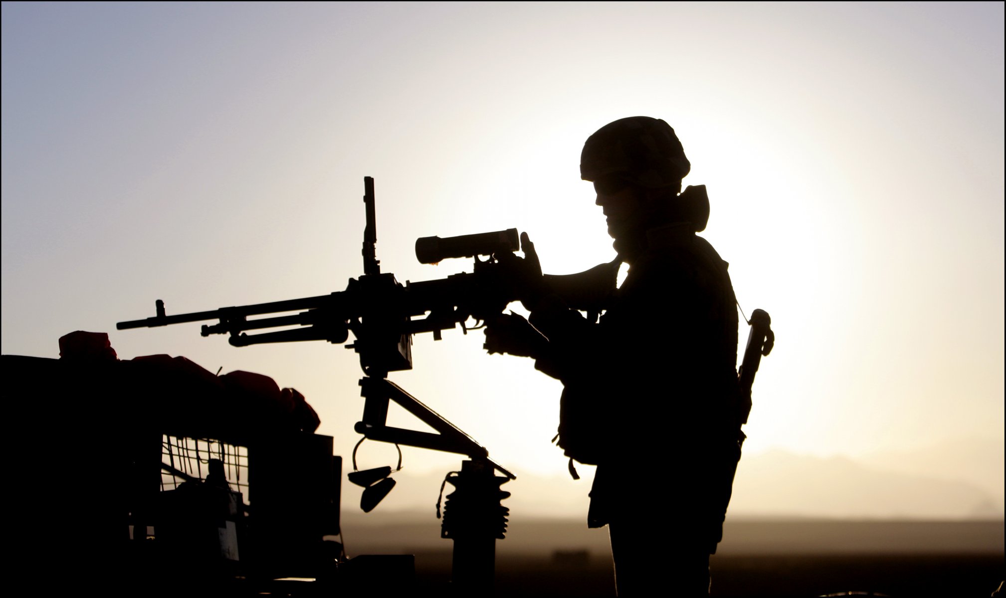 machine gun men sunset silhouette us army