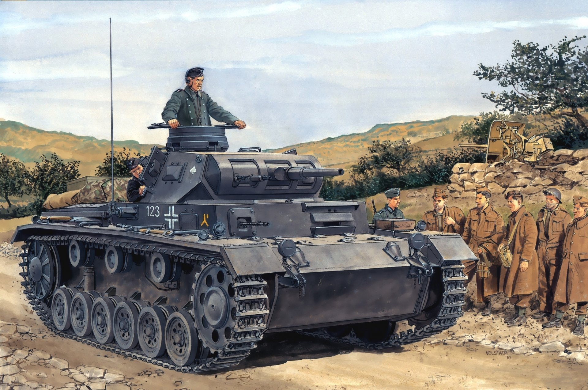 рисунок рон volstad солдаты средний танк панцер 3 panzerkampfwagen иллинойс pz.kpfw . iii ausf.f 2.pz.div 2-ая танковая дивизия вермахт