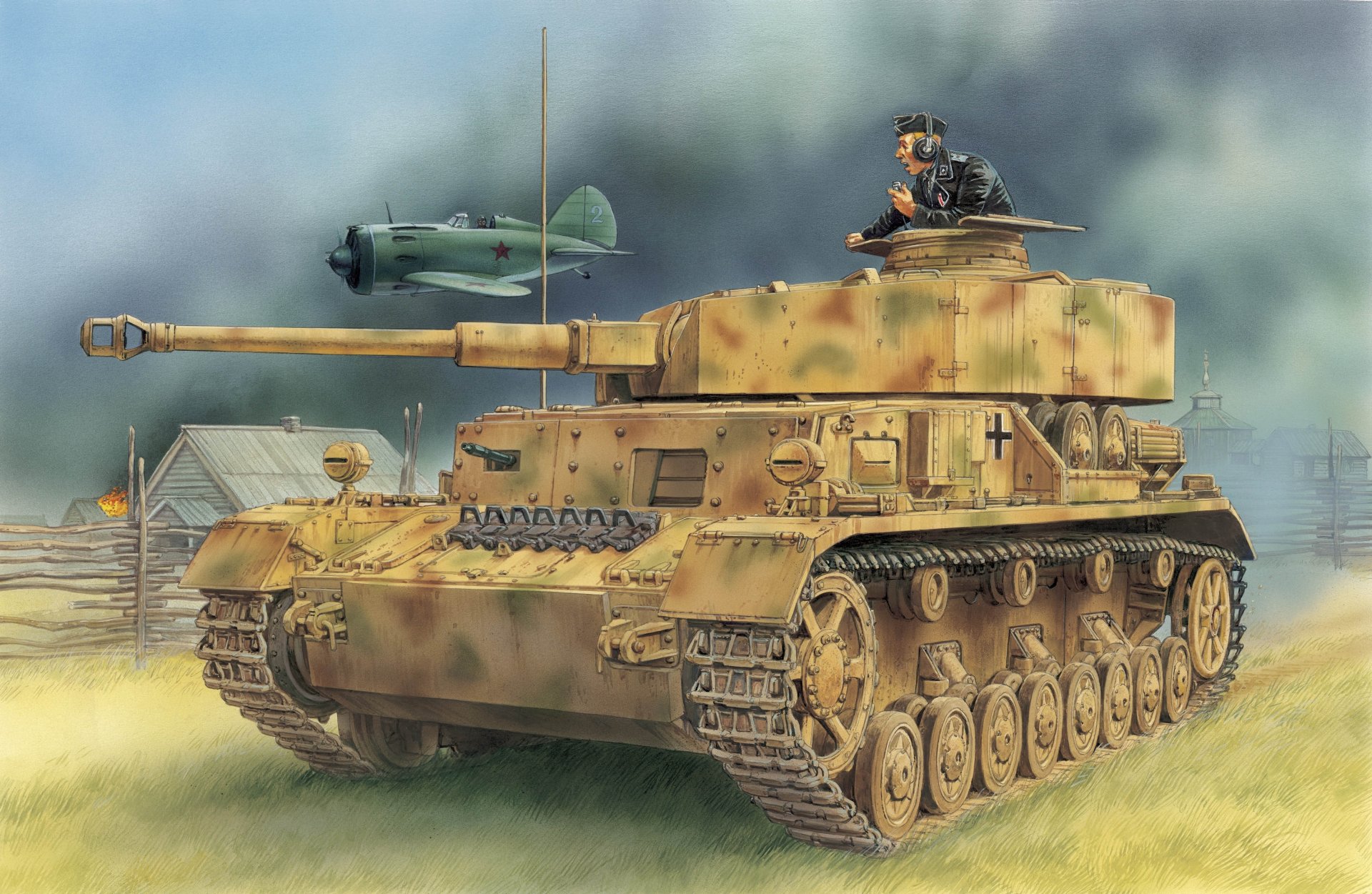 figura pueblo avión i-16 tanque medio panzer 4 panzerkampfwagen iv t-iv pz.kpfw.iv ausf d wehrmacht