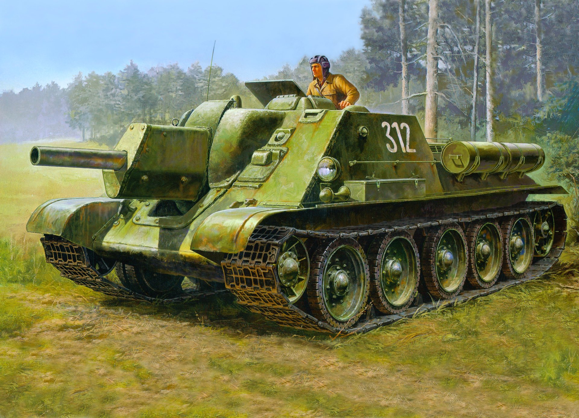 dibujo bosque petrolero instalación autopropulsada su-122 ejército rojo urss segunda guerra mundial