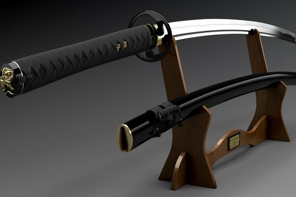 The black katana is mounted on a pedestal