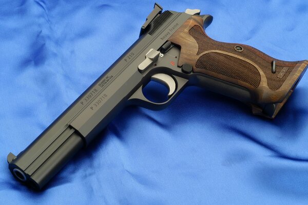 Gun. sig p210. Weapon. Blue background