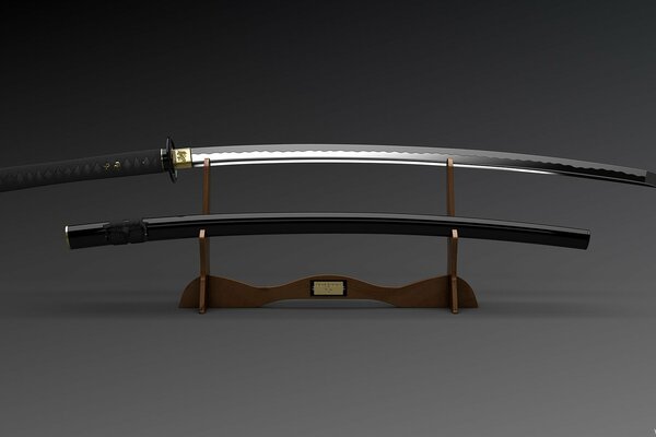 Two katanas on a stand on a gray background