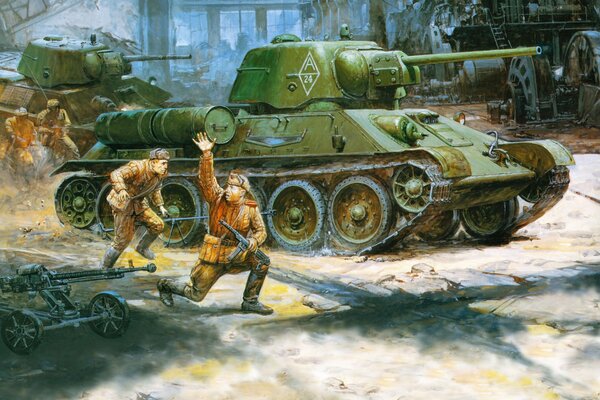 Soldiers and a T-34/76 tank go on the attack
