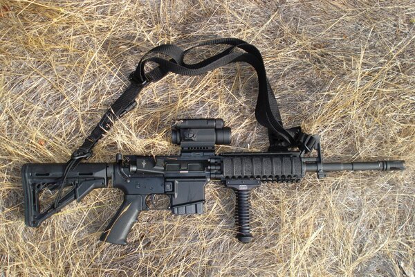 Letter ar15 with a belt on dry grass