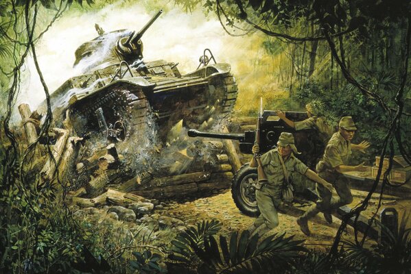I giapponesi in guerra tra i boschetti con un carro armato e un cannone
