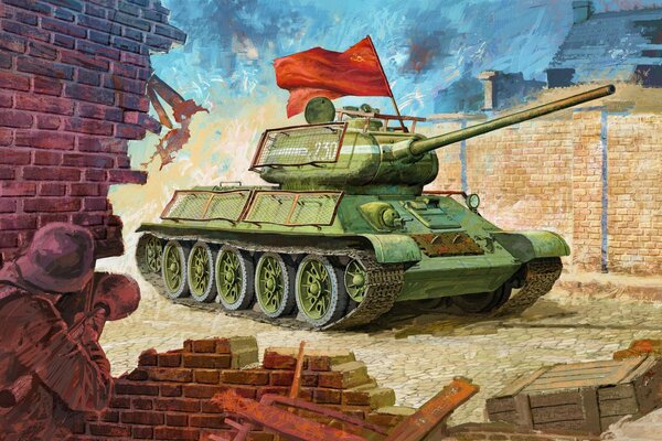 Drawing of a tank with a red banner