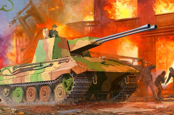 Art with a tank fire and war