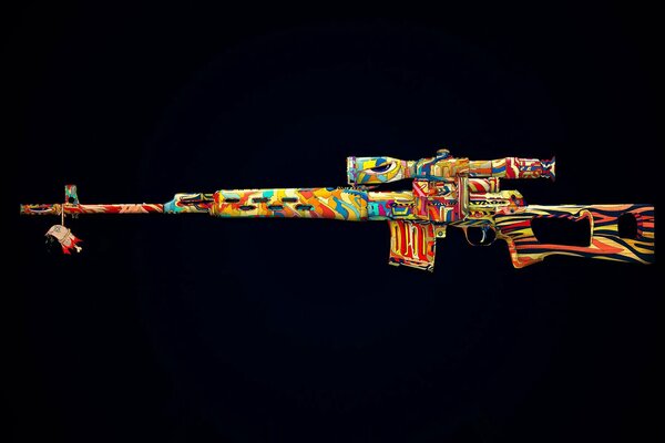 A painted machine gun on a black background