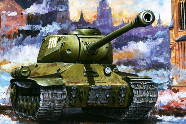 Tank in the city of war smoke