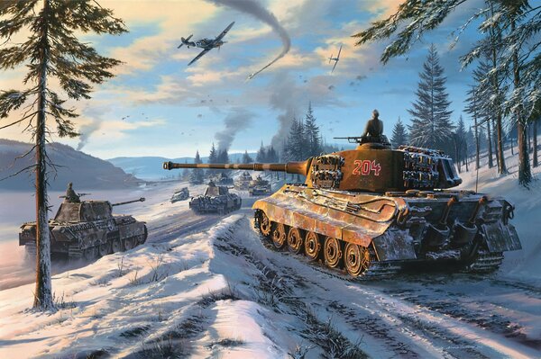 A column of tanks in the winter forest. Paintings about the Second World War