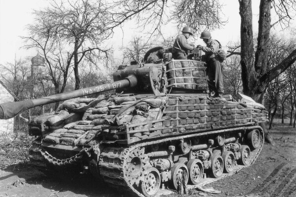 American Sherman tank with soldiers