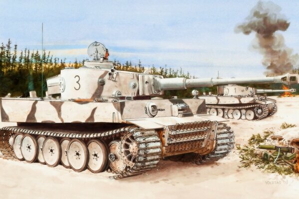 Dibujo de un tanque en el lago Ladoga