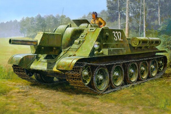 Drawing of a tanker on a SU-122 against a forest background