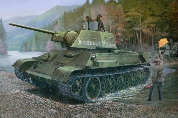 Rysunek radzieckiego czołgu na tle lasu