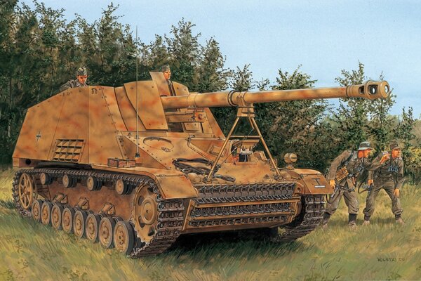 Dibujo de militares acechando con un tanque militar
