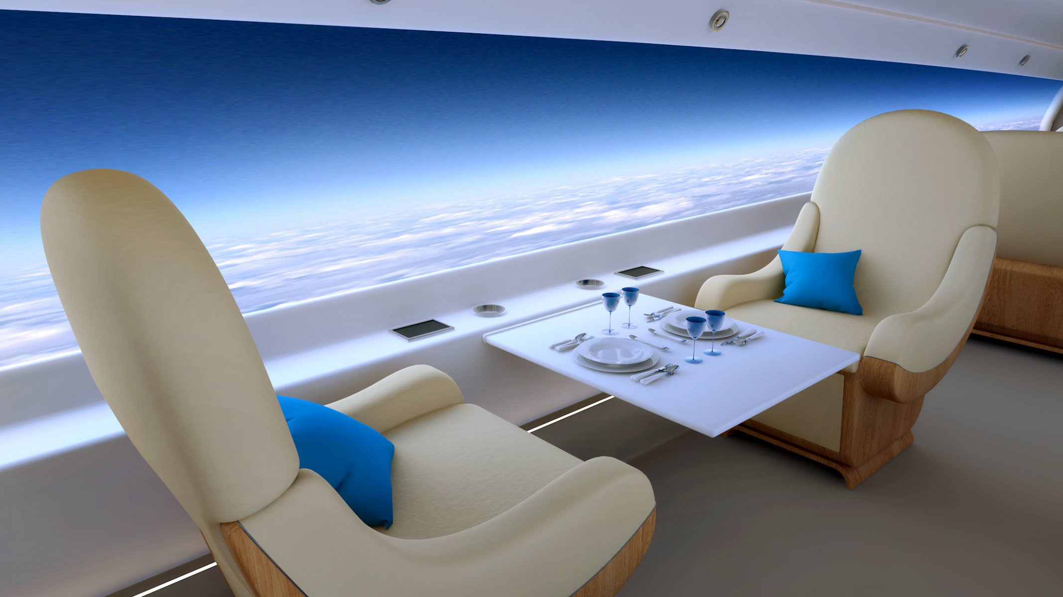 futuro aereo altitudine business jet nuvole panorama sedia da tavolo comfort stile supersonico jet