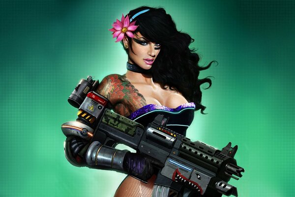 A brunette with a tattoo of big breasts and a machine gun