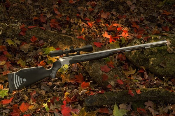 Охотничья винтовка на листве в лесу